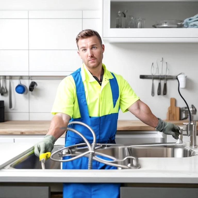 Técnico DrainFlow realizando desentupimento com equipamento profissional