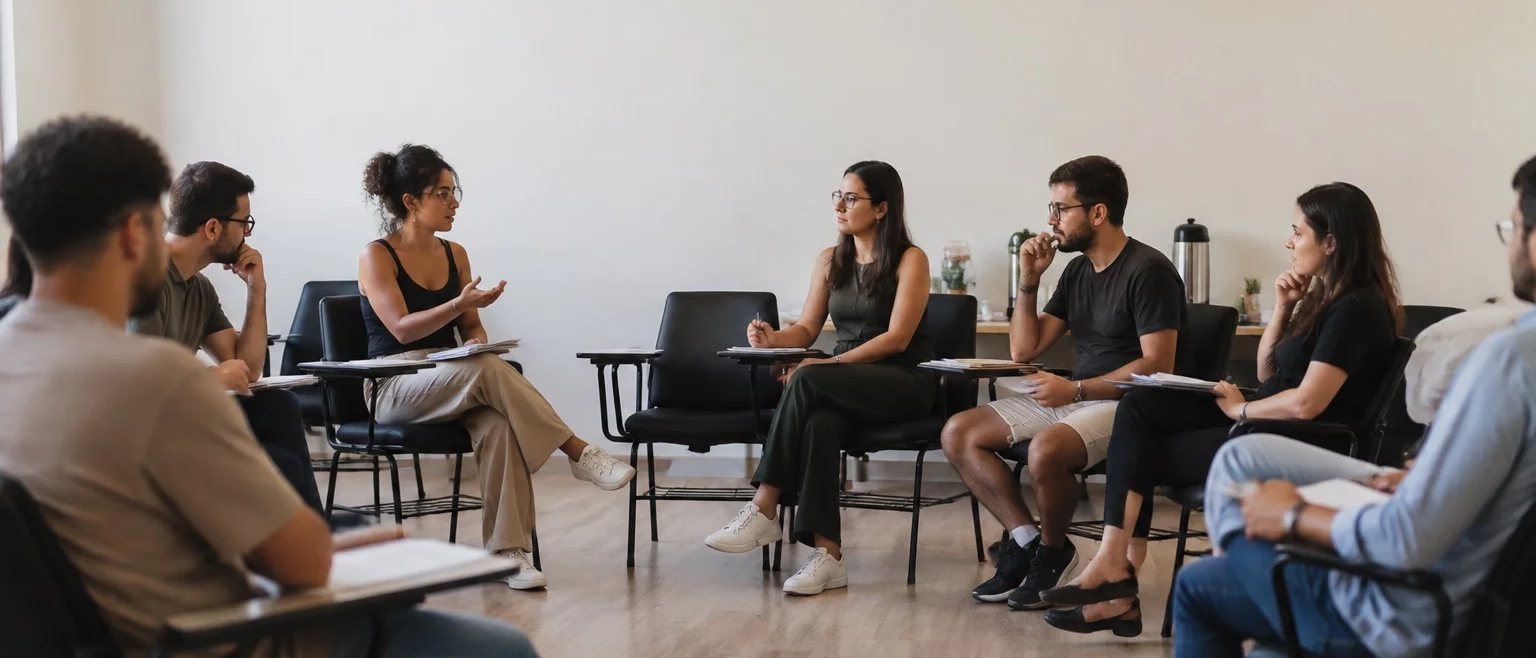 Participante com a mão levantada diante de uma mesa coberta de rascunhos